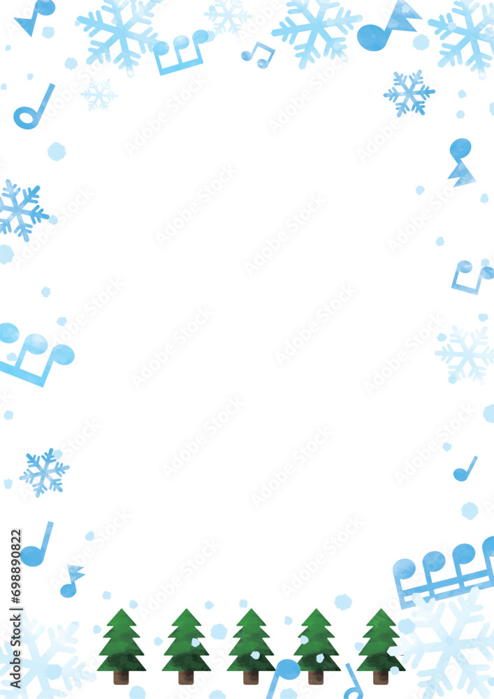 水色の雪の結晶と音符ともみの木のフレーム・背景02_縦 水色の雪の結晶と音符ともみの木のフレーム・背景02_縦