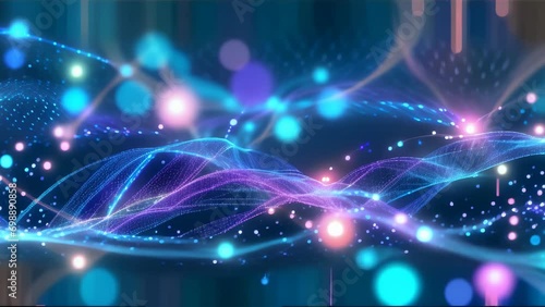 the flow of digital data with interlacing blue and purple lights. The complex network of dots and lines creates a futuristic atmosphere.
