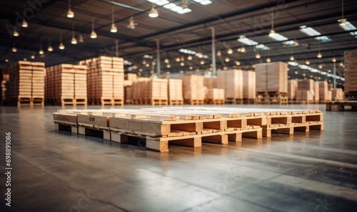 A large warehouse with pallets on the floor. Generative AI. photo