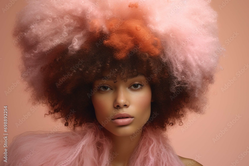 
Close up portrait of a black woman with peach fuzz color afro on a pastel peach background studio shot
