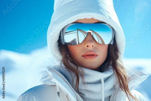 Close up portrait of a beautiful woman in white sports winter clothes in the snowy mountains with sky blue glasses