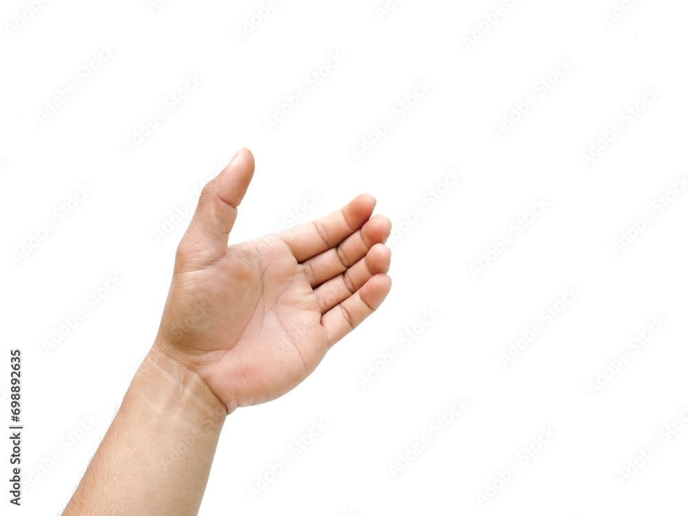 Man's hands reaching up from below, gesturing as if holding something such as a phone or water bottle, isolated on white background. Man's hands reaching up from below, gesturing as if holding something such as a phone or water bottle, isolated on white background.