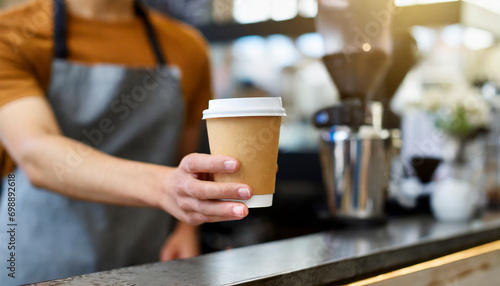 Barista holding paper cup of coffee in coffee shop, closeup