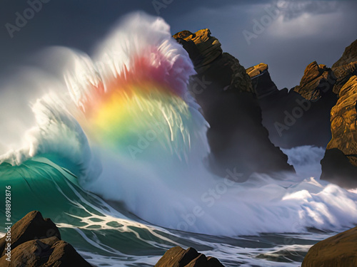 a wave crashing on rocks with rainbow colored water