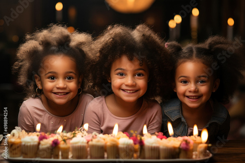 Preschool children celebrating birthday in kindergarten blowing out candles on cake