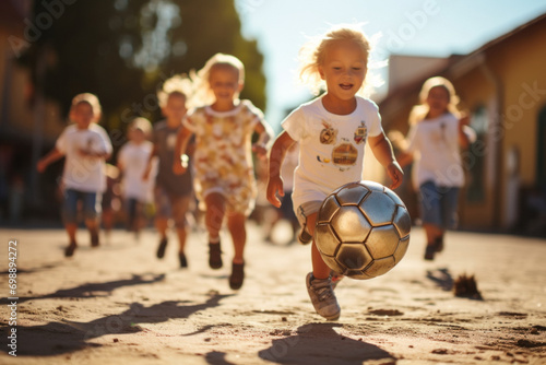 Happy smiling Caucasian preschool children playing soccer