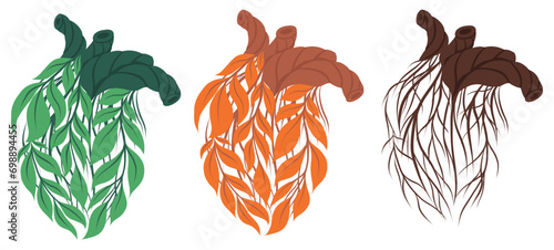Vector set of cliparts of healthy and unhealthy human hearts made of leaves and twigs isolated from background. Seasons.