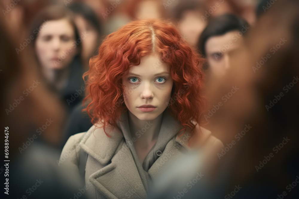 Fototapeta premium Lonely unhappy young woman standing in a crowd of people and looking at camera. Women's psychology problem, loneliness in society