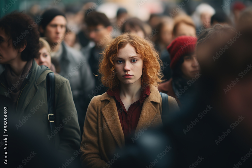 Lonely unhappy tired woman standing in a crowd of people, loneliness in society - obrazy, fototapety, plakaty 