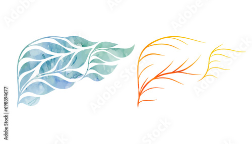 Vector set of watercolor silhouettes of human healthy livers from leaves and twig isolated from background.