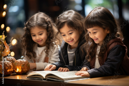 Little happy girl in kindergarten reads a book sitting at the table