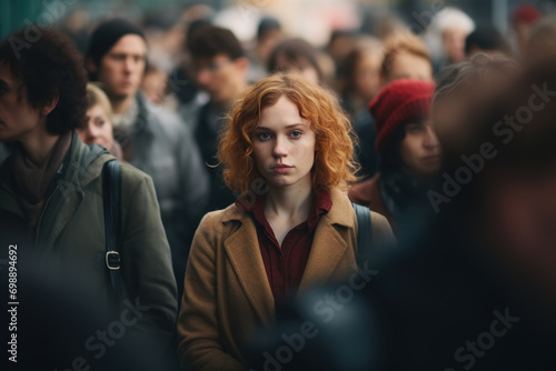 Lonely unhappy tired woman standing in a crowd of people, loneliness in society photo