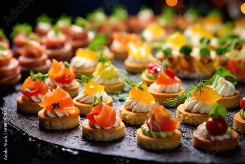 Buffet food catering food party at restaurant mini canapes snacks and appetizers