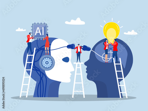 businessman connect plug with lightbulb idea to AI Artificial Intelligence. or processing chip into human brain with Light bulb  development  innovation concept vector