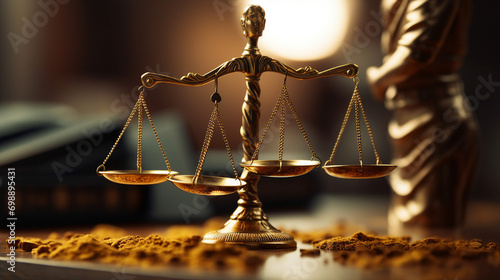 Close up of golden scales with a blurry lawyer in the background, representing justice and legal judgment in the court system—a powerful symbol of fairness and equality in business and financial decis photo