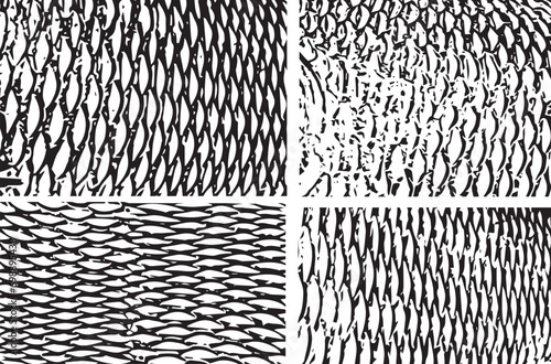 four different types of fish fish scales vector vintage grunge effect for design extra effect, black and white seamless pattern