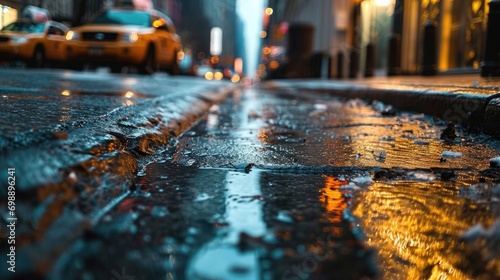 City street after rain with reflective surfaces