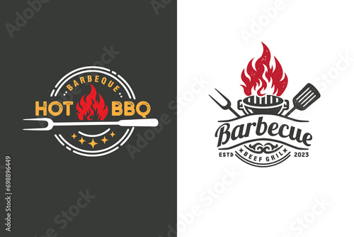 vintage grill barbeque barbecue bbq with fork fire flame badge set logo design vector template photo