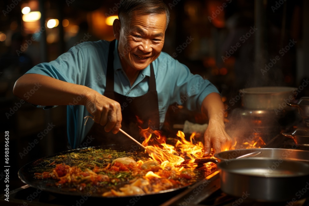 Chef cooking Pad Thai in a sizzling wok at a street market, Generative AI