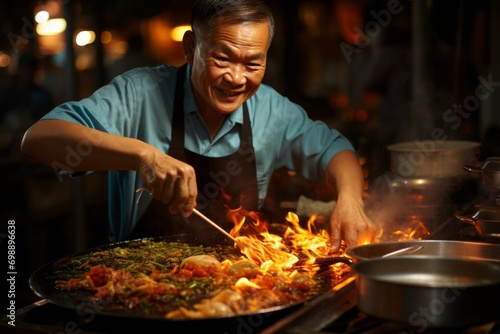 Chef cooking Pad Thai in a sizzling wok at a street market  Generative AI