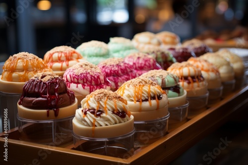 Colorful assortment of bao buns at a street food stand, Generative AI