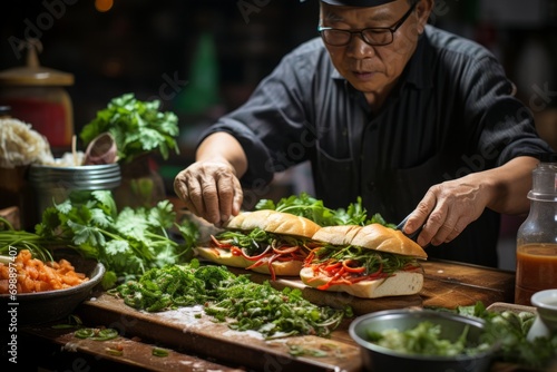Street vendor preparing savory banh mi sandwiches, Generative AI