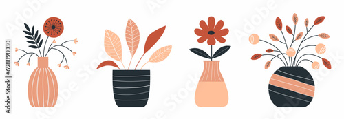 Flower in vase set line. Different flowers. Ceramic glass vases. Cute icon collection. Daisy, leaf. Pottery Glass decoration. Modern abstract aesthetic Boho art. White background. Flat design.