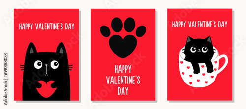 Happy Valentines Day. Love greeting card banner set. Cat in tea coffee cup. Red heart paw print. Black kitten holding hearts. Cute cartoon funny baby animal pet character. Flat design. Red background.
