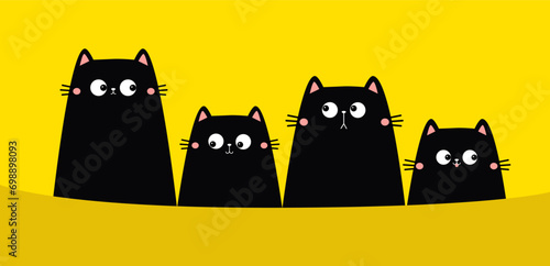 Black cat family set. Four peeking kitten looking up. Cute kawaii cartoon funny boo spooky pet baby character line banner. Happy Valentines day, Halloween. Flat design. Yellow background.