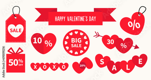 Happy Valentines Day discount price tags. Big sale label red heart icon set. Special offer labels 10 %, 50 %. Ribbon, gift box, bow, arrow, round love sticker. Holiday promotion. Flat design.