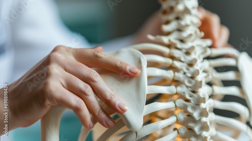 Close up physical therapist hand pointing on human skeleton at low back to advise and consult to patient to treatment at office for healthcare