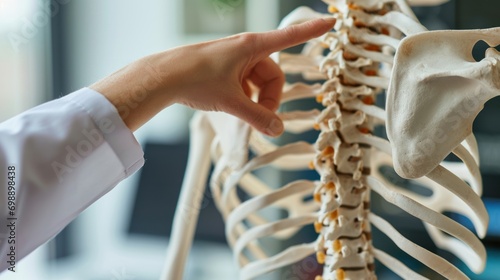 Close up physical therapist hand pointing on human skeleton at low back to advise and consult to patient to treatment at office for healthcare