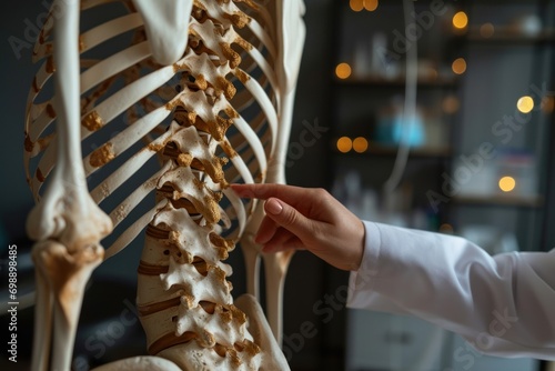 close-up image physical therapist's hand pointing at a human skeleton at the middle back to advise and consult to patient on treatment at the office for healthcare photo