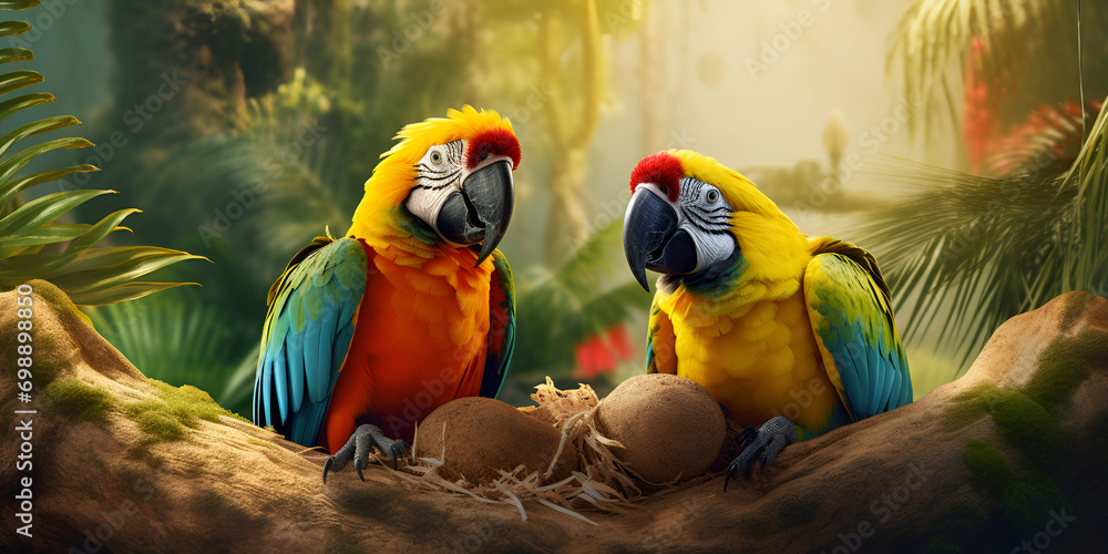 Two parrots tropical macaw colorful bird Feathered Companions: Vibrant Macaw Duo in Tropical Paradise 