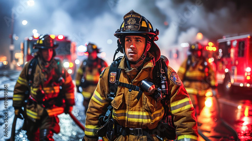 A brave firefighter in gear stands ready amidst smoke and emergency lights during a nighttime fire rescue operation. photo