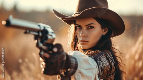 Full body of Cowgirl portrait, action with holding shot gun, skin details