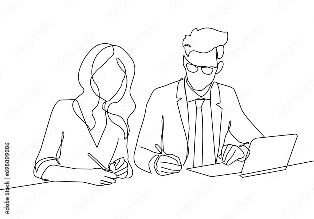 Continuous One Line Drawing of Business Group with Laptop in Office. Woman and Man Working One Line Illustration. Business Concept Abstract Linear Style. Minimalist Contour Drawing. Vector EPS 10 Continuous One Line Drawing of Business Group with Laptop in Office. Woman and Man Working One Line Illustration. Business Concept Abstract Linear Style. Minimalist Contour Drawing. Vector EPS 10