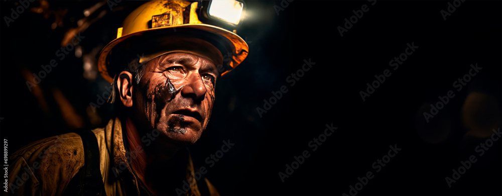 Tired working miner in yellow hard hat, safety gear and ear protection standing on hard labor shift against mine underground dark light bulbs.Hard physical labor conditions for work. banner.Copy space