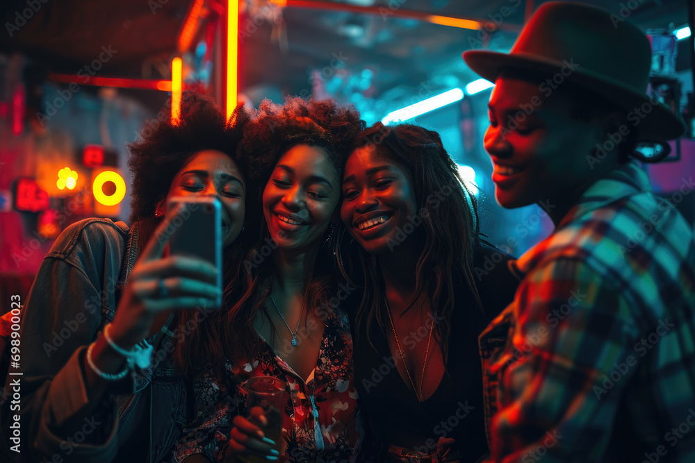 Group of multiracial friends has a great time at the nightclub in the summertime. Clubbing, fun, and parties during the summer concept. Group of multiracial friends has a great time at the nightclub in the summertime. Clubbing, fun, and parties during the summer concept.