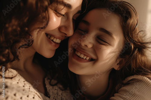 Portrait of close up happy mother and daughter enjoying celebrate joy at home, affection on Mother's day.