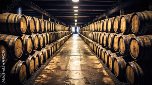 Old wooden oak barrels in underground cellars for aging wine or whiskey, vintage barrels and barrels in an old cellar: ideal storage for aging delicious wine. Cognac
