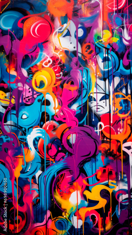 Abstract geometric multicolored graffiti with text and unusual shapes on a street wall The myriad of colors ranging from yellow to deep blue, pink, orange, dynamic swirls and splashes. Street art.