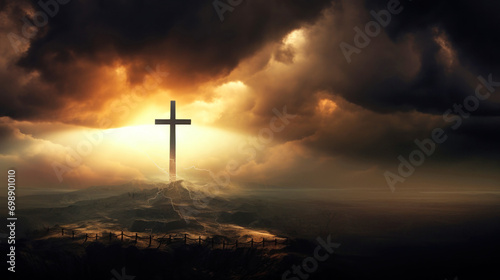 The Holy Cross, symbolizing the death and resurrection of Jesus Christ, with the sky above Golgotha shrouded in light and clouds. Easter. photo