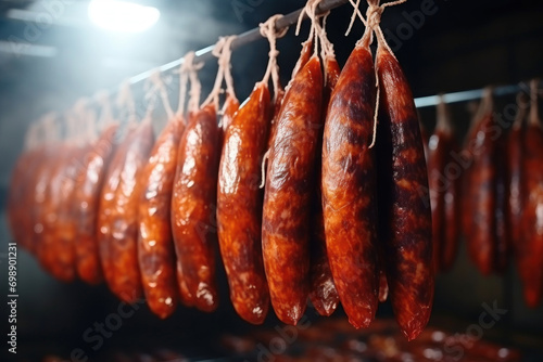 Photo of a display of hanging sausages in a market or butcher shop. Industrial smoking of sausages and meat products in a factory. sausage in the smokehouse. flavorful sausages.