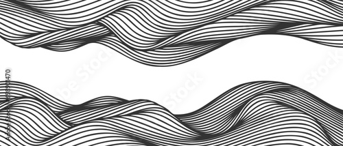 Vector abstract line art wavy flowing dynamic black isolated on transparent background in concept wave, wind, ocean