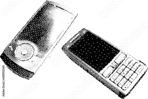 Classic retro flip mobile phone in 90s pixel style. Y2K aesthetic element retro cellphone