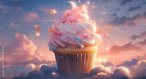 a birthday cupcake in a blue and pink color setting is shown, in the style of photo-realistic landscapes, backlight, photobashing, contemporary candy-coated, serge marshennikov, light pink and yellow,