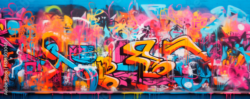 Abstract geometric multicolored graffiti with text and unusual shapes on a street wall The myriad of colors ranging from yellow to deep blue  pink  orange  dynamic swirls and splashes. Street art.