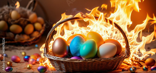 burning hot easter season doesn't even the easterbunny stay cool, hare on fire, basket on flames, the eggs will be hard