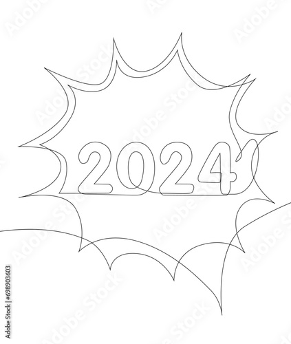 One continuous line of speech bubble with 2024 number. Thin Line Illustration vector concept. Contour Drawing Creative ideas.